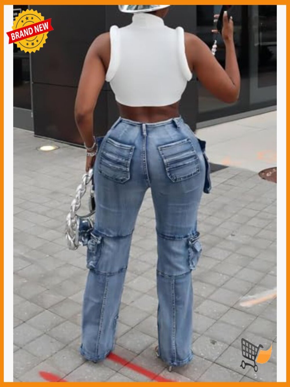 High Waist Cargo Jeans with Side Zip Slit and Multi Pockets - Picture 3 of 6